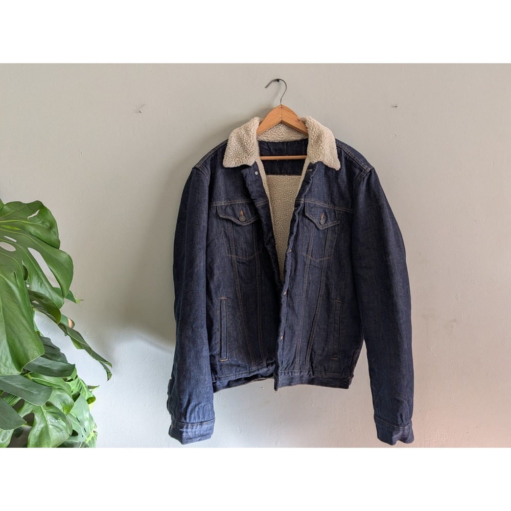 GAP Denim Jacket Sherpa Lined Collar 1969 Men's Large Trucker Dark Wash Heavy